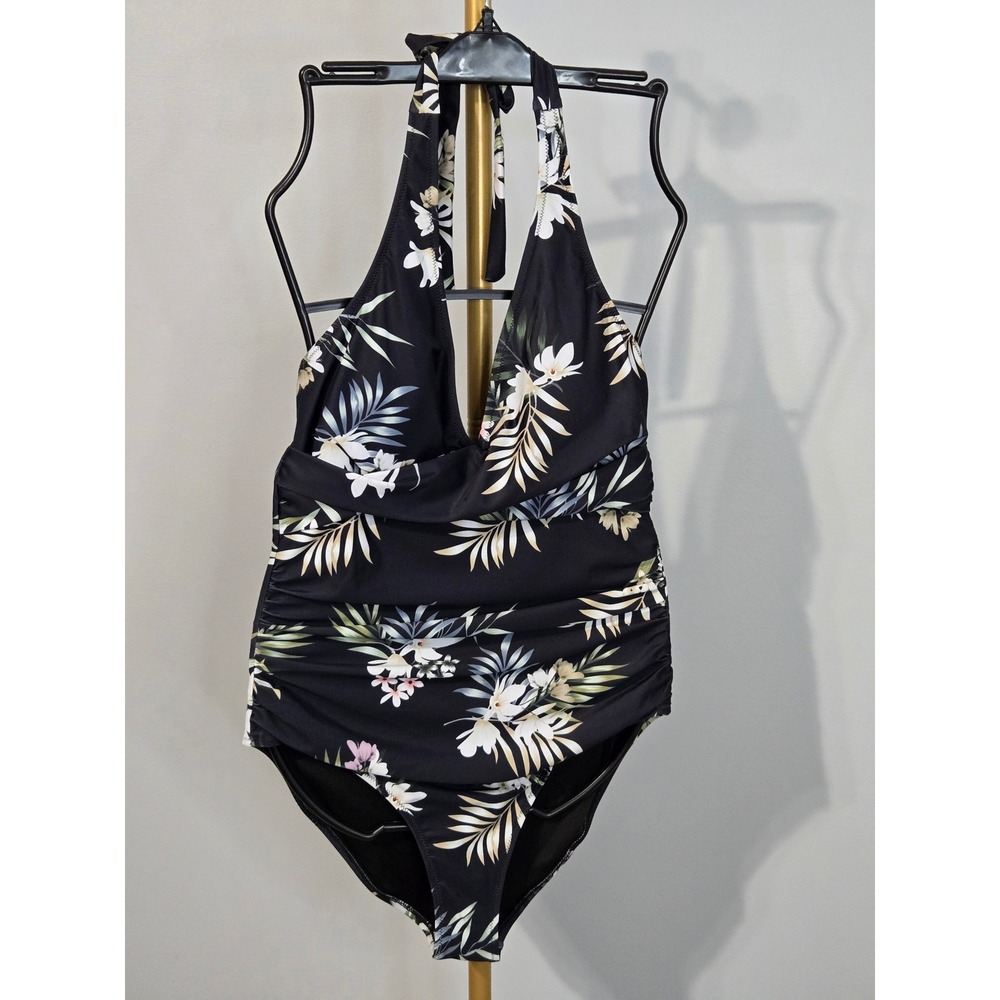 Boutique Tropical Floral Halter One Piece Swimsuit Black Ruched Slimming Sz L